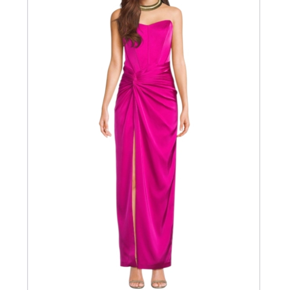 Liv Foster Aspen Satin Dress Pink Flame Twist-Front Maxi with Slit New With Tags